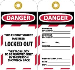NMC - 3" High x 6" Long, DANGER - THIS ENERGY SOURCE HAS BEEN LOCKED OUT - THIS TAB & LOCK TO BE REMOVED ONLY BY THE PERSON SHOWN ON BACK, English Safety & Facility Lockout Tag - Tag Header: Danger, 2 Sides, Black, Red & White Unrippable Vinyl - Benchmark Tooling