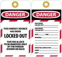 NMC - 3" High x 6" Long, DANGER - THIS ENERGY SOURCE HAS BEEN LOCKED OUT - THIS TAB & LOCK TO BE REMOVED ONLY BY THE PERSON SHOWN ON BACK, English Safety & Facility Lockout Tag - Tag Header: Danger, 2 Sides, Black, Red & White Unrippable Vinyl - Benchmark Tooling