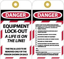 NMC - 3" High x 6" Long, DANGER - EQUIPMENT LOCK-OUT - A LIFE IS ON THE LINE! THIS TAG & LOCK TO BE REMOVED ONLY BY THE PERSON SHOWN ON BACK, English Safety & Facility Lockout Tag - Tag Header: Danger, 2 Sides, Black, Red & White Unrippable Vinyl - Benchmark Tooling