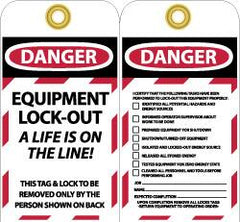 NMC - 3" High x 6" Long, DANGER - EQUIPMENT LOCK-OUT - A LIFE IS ON THE LINE! THIS TAG & LOCK TO BE REMOVED ONLY BY THE PERSON SHOWN ON BACK, English Safety & Facility Lockout Tag - Tag Header: Danger, 2 Sides, Black, Red & White Unrippable Vinyl - Benchmark Tooling