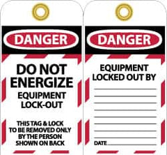 NMC - 3" High x 6" Long, DANGER - DO NOT ENERGIZE - EQUIPMENT LOCK-OUT - THIS TAG & LOCK TO BE REMOVED ONLY BY THE PERSON SHOWN ON BACK, English Safety & Facility Lockout Tag - Tag Header: Danger, 2 Sides, Black, Red & White Unrippable Vinyl - Benchmark Tooling