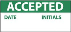 NMC - "Accepted - Date - Initials", 1" Long x 2-1/4" Wide, Pressure-Sensitive Vinyl Safety Sign - Rectangle, 0.004" Thick, Use for Inspection, Testing & Accident Data - Benchmark Tooling