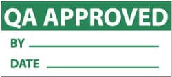 NMC - "QA Approved - By___, Date___", 1" Long x 2-1/4" Wide, Pressure-Sensitive Vinyl Safety Sign - Rectangle, 0.004" Thick, Use for Inspection, Testing & Accident Data - Benchmark Tooling