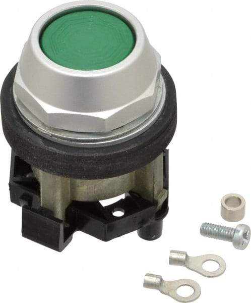 Eaton Cutler-Hammer - 30-1/2mm Mount Hole, Flush, Pushbutton Switch Only - Round, Green Pushbutton, Nonilluminated, Momentary (MO), Corrosion Resistant, Oiltight and Watertight - Benchmark Tooling