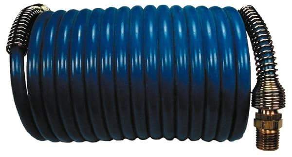 Coilhose Pneumatics - 1/4" ID, 1/4 Thread, 12' Long, Blue Nylon Coiled & Self Storing Hose - 220 Max psi, Male Swivel x Male Swivel - Benchmark Tooling