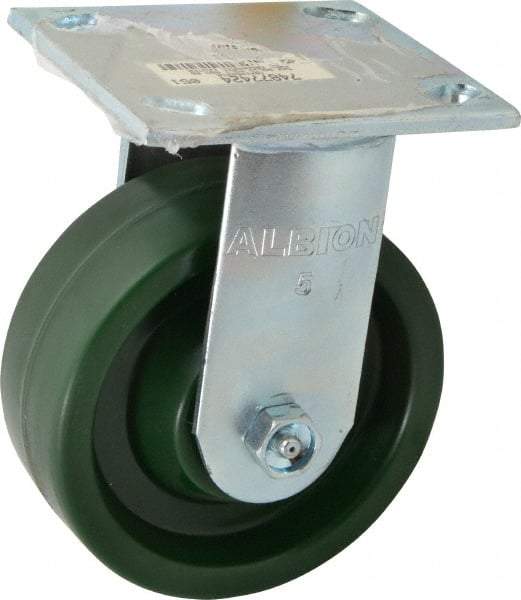 Albion - 5" Diam x 2" Wide x 6-1/2" OAH Top Plate Mount Rigid Caster - Polyurethane, 1,000 Lb Capacity, Roller Bearing, 4 x 4-1/2" Plate - Benchmark Tooling