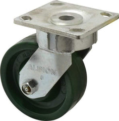 Albion - 5" Diam x 2" Wide x 6-1/2" OAH Top Plate Mount Swivel Caster - Polyurethane, 1,000 Lb Capacity, Roller Bearing, 4 x 4-1/2" Plate - Benchmark Tooling