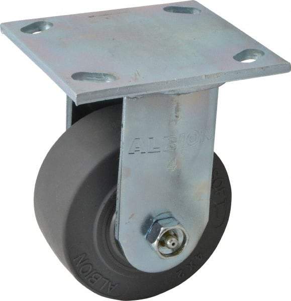Albion - 4" Diam x 2" Wide x 5-5/8" OAH Top Plate Mount Rigid Caster - Soft Rubber, 350 Lb Capacity, Roller Bearing, 4 x 4-1/2" Plate - Benchmark Tooling
