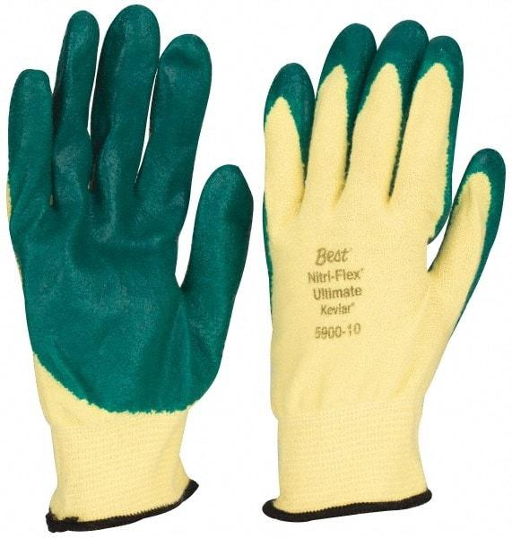 SHOWA - Size XL (10), ANSI Cut Lvl 3, Puncture Lvl 3, Abrasion Lvl 4, Nitrile Coated Cut & Puncture Resistant Gloves - Palm & Fingers Coated, Kevlar/Lycra Lining, Knit Wrist, Green/Yellow, Paired - Benchmark Tooling