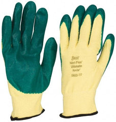 SHOWA - Size XL (10), ANSI Cut Lvl 3, Puncture Lvl 3, Abrasion Lvl 4, Nitrile Coated Cut & Puncture Resistant Gloves - Palm & Fingers Coated, Kevlar/Lycra Lining, Knit Wrist, Green/Yellow, Paired - Benchmark Tooling