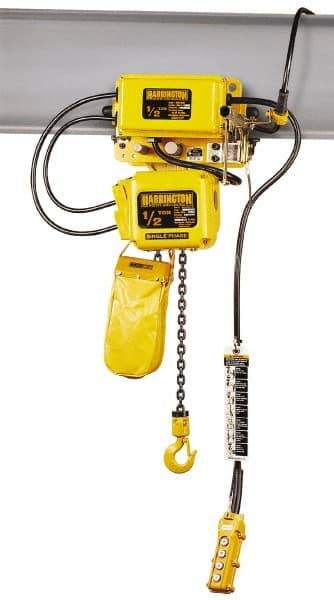 Harrington Hoist - 1/2 Ton Capacity, 7 FPM Lift Speed, Hoist with Motorized Trolley - 10' Max Lift, 14.6" Min Headroom, 1 Chain - Benchmark Tooling