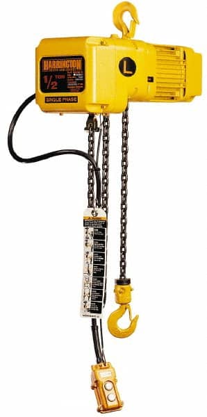 Harrington Hoist - 1 Ton Capacity, 14 FPM Lift Speed, Hook Mounted Hoist - 15' Max Lift, 17.3" Min Headroom, 1 Chain - Benchmark Tooling