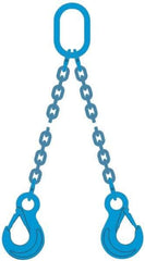 Pewag - 5' Long, 9,000 Lb Basket Capacity, 9,000 Lb Vertical Capacity, 2 Ply, Alloy Steel Web Sling - 4,500 Lb Choker Capacity, DOG Chain Sling, 9/32" Diam Chain, Blue, with 2 Grab Hooks & Master Link - Benchmark Tooling