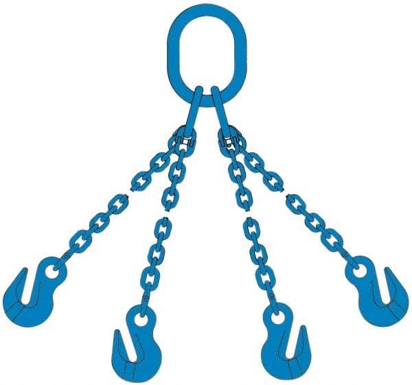 Pewag - 5' Long, 46,500 Lb Basket Capacity, 17,900 Lb Vertical Capacity, 4 Ply, Alloy Steel Web Sling - 17,900 Lb Choker Capacity, QOG Chain Sling, 1/2" Diam Chain, Blue, with 4 Grab Hooks & Master Link - Benchmark Tooling