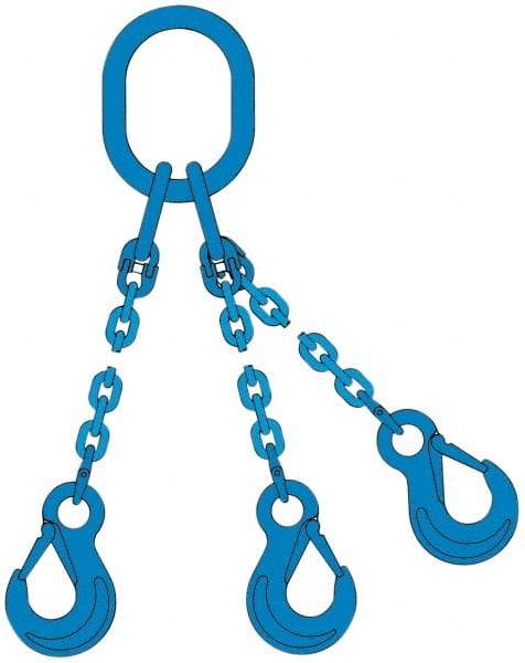 Pewag - 5' Long, 27,500 Lb Basket Capacity, 10,600 Lb Vertical Capacity, 3 Ply, Alloy Steel Web Sling - 10,600 Lb Choker Capacity, TOS Chain Sling, 3/8" Diam Chain, Blue, with 3 Sling Hooks & Master Link - Benchmark Tooling