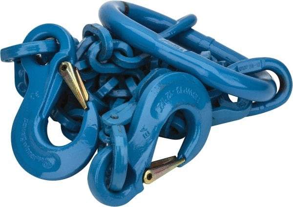 Pewag - 5' Long, 31,000 Lb Basket Capacity, 17,900 Lb Vertical Capacity, 2 Ply, Alloy Steel Web Sling - 17,900 Lb Choker Capacity, DOS Chain Sling, 1/2" Diam Chain, Blue, with 2 Grab Hooks & Master Link - Benchmark Tooling