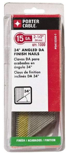 Porter-Cable - 15 Gauge 2-1/2" Long Finishing Nails for Power Nailers - Grade 2 Steel, Bright Finish, Angled Stick Collation, Chisel Point - Benchmark Tooling