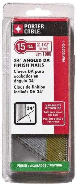 Porter-Cable - 15 Gauge 2-1/2" Long Finishing Nails for Power Nailers - Grade 2 Steel, Galvanized Finish, Angled Stick Collation, Chisel Point - Benchmark Tooling