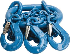 Pewag - 5' Long, 13,500 Lb Basket Capacity, 13,500 Lb Vertical Capacity, 3 Ply, Alloy Steel Web Sling - 4,500 Lb Choker Capacity, TOS Chain Sling, 9/32" Diam Chain, Blue, with 3 Sling Hooks & Master Link - Benchmark Tooling