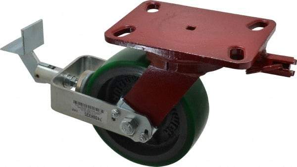 Hamilton - 6" Diam x 2" Wide x 7-3/4" OAH Top Plate Mount Swivel Caster with Brake - Polyurethane, 1,200 Lb Capacity, Precision Sealed Bearing, 4-1/2 x 6-1/2" Plate - Benchmark Tooling