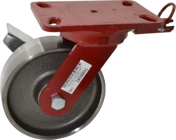 Hamilton - 6" Diam x 2" Wide x 7-3/4" OAH Top Plate Mount Swivel Caster with Brake - Forged Steel, 2,000 Lb Capacity, Roller Bearing, 4-1/2 x 6-1/2" Plate - Benchmark Tooling