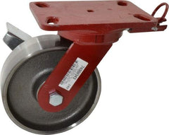 Hamilton - 6" Diam x 2" Wide x 7-3/4" OAH Top Plate Mount Swivel Caster with Brake - Forged Steel, 2,000 Lb Capacity, Roller Bearing, 4-1/2 x 6-1/2" Plate - Benchmark Tooling