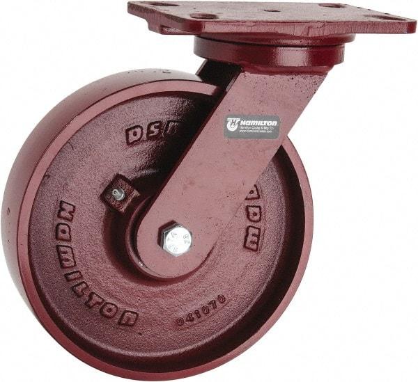 Hamilton - 8" Diam x 2" Wide x 9-3/4" OAH Top Plate Mount Swivel Caster - Cast Iron, 1,500 Lb Capacity, Roller Bearing, 4-1/2 x 6-1/2" Plate - Benchmark Tooling