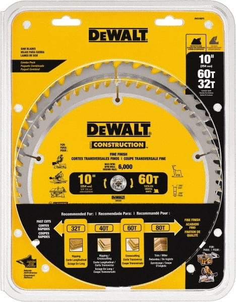 DeWALT - 10" Diam, 5/8" Arbor Hole Diam, 32 & 60 Tooth Wet & Dry Cut Saw Blade - Carbide-Tipped, Fine Finish & General Purpose Action, Standard Round Arbor - Benchmark Tooling