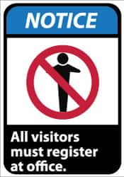 NMC - "Notice - All Visitors Must Register at Office", 14" Long x 10" Wide, Pressure-Sensitive Vinyl Safety Sign - Rectangle, 0.004" Thick, Use for Security & Admittance - Benchmark Tooling
