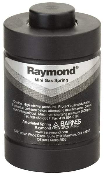 Associated Spring Raymond - M6x1 Mt Hole, 0.71" Rod Diam, 1-1/2" Diam, 16mm Max Stroke, Nitrogen Gas Spring Cylinder - 3.94" OAL, 3,595 Lb Full Stroke Spring Force, 2,175 psi Initial Charge - Benchmark Tooling