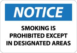 NMC - "Notice - Smoking Is Prohibited Except in Designated Areas", 10" Long x 14" Wide, Rigid Plastic Safety Sign - Rectangle, 0.05" Thick, Use for Accident Prevention - Benchmark Tooling