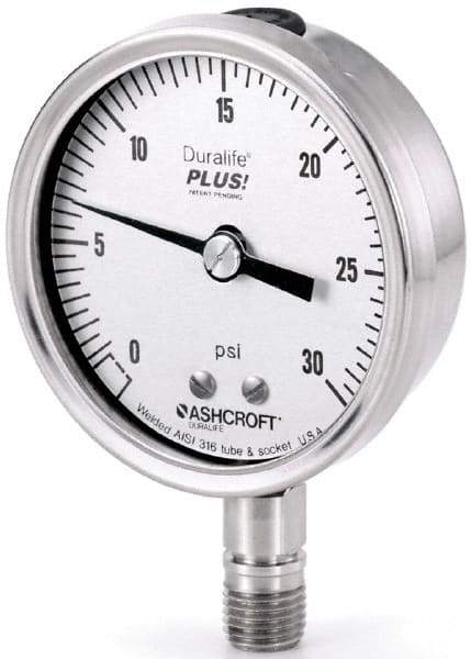 Ashcroft - 3-1/2" Dial, 1/4 Thread, 30-0-15 Scale Range, Pressure Gauge - Lower Connection Mount, Accurate to 1% of Scale - Benchmark Tooling