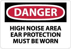 NMC - "Danger - High Noise Area Ear Protection Must Be Worn", 10" Long x 14" Wide, Pressure-Sensitive Vinyl Safety Sign - Rectangle, 0.004" Thick, Use for Accident Prevention - Benchmark Tooling