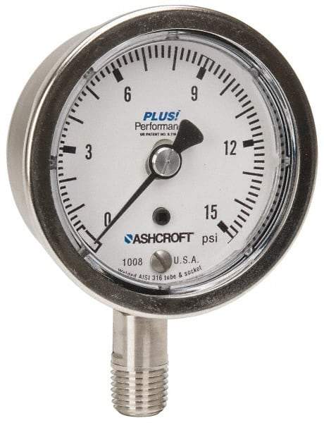 Ashcroft - 2-1/2" Dial, 1/4 Thread, 0-15 Scale Range, Pressure Gauge - Lower Connection Mount, Accurate to 3-2-3% of Scale - Benchmark Tooling