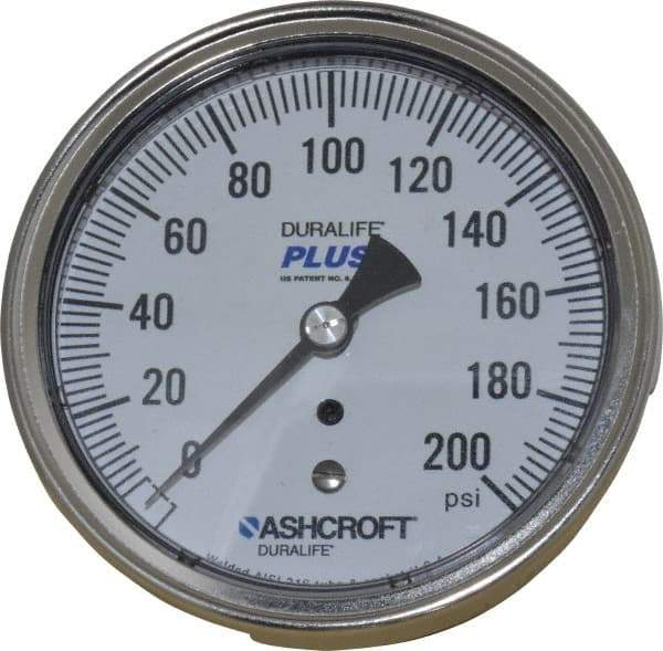 Ashcroft - 3-1/2" Dial, 1/4 Thread, 0-200 Scale Range, Pressure Gauge - Center Back Connection Mount, Accurate to 1% of Scale - Benchmark Tooling