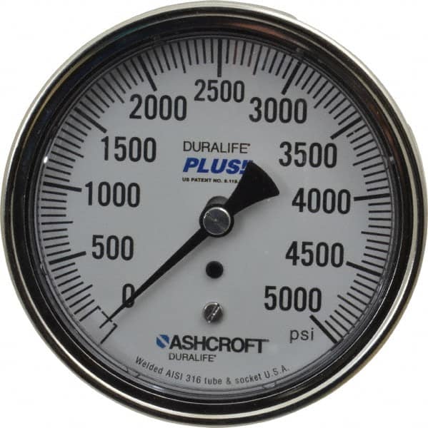 Ashcroft - 3-1/2" Dial, 1/4 Thread, 0-5,000 Scale Range, Pressure Gauge - Center Back Connection Mount, Accurate to 1% of Scale - Benchmark Tooling