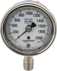 Ashcroft - 2-1/2" Dial, 1/4 Thread, 0-2,000 Scale Range, Pressure Gauge - Lower Connection Mount, Accurate to 1% of Scale - Benchmark Tooling