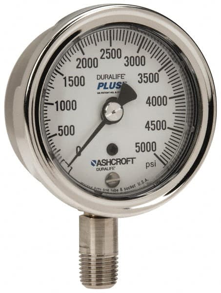 Ashcroft - 2-1/2" Dial, 1/4 Thread, 0-5,000 Scale Range, Pressure Gauge - Lower Connection Mount, Accurate to 1% of Scale - Benchmark Tooling