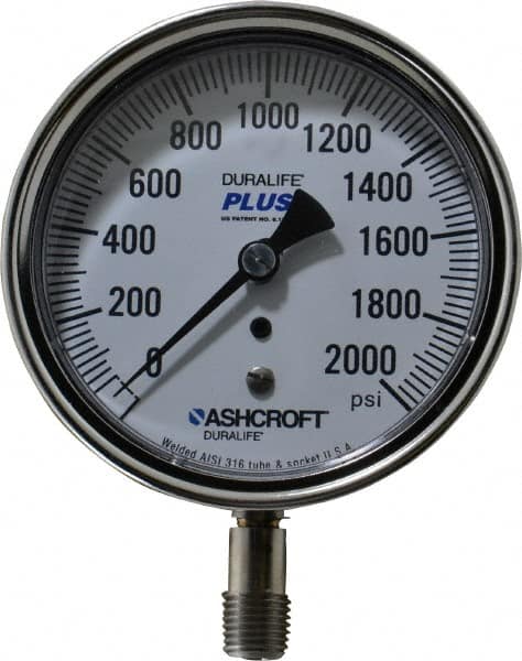 Ashcroft - 3-1/2" Dial, 1/4 Thread, 0-2,000 Scale Range, Pressure Gauge - Lower Connection Mount, Accurate to 1% of Scale - Benchmark Tooling