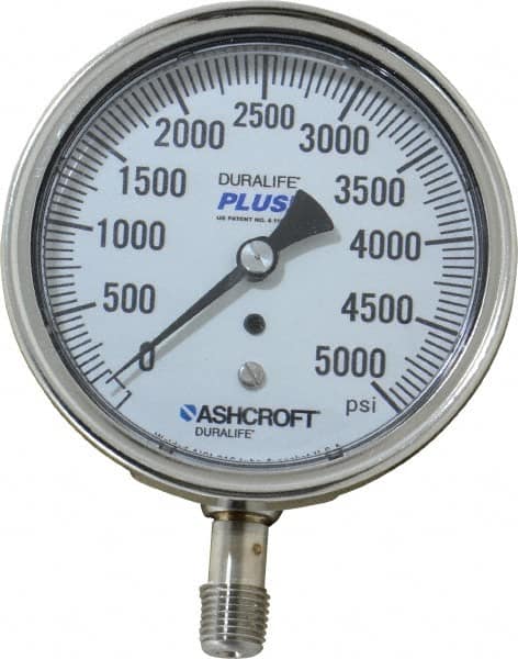 Ashcroft - 3-1/2" Dial, 1/4 Thread, 0-5,000 Scale Range, Pressure Gauge - Lower Connection Mount, Accurate to 1% of Scale - Benchmark Tooling