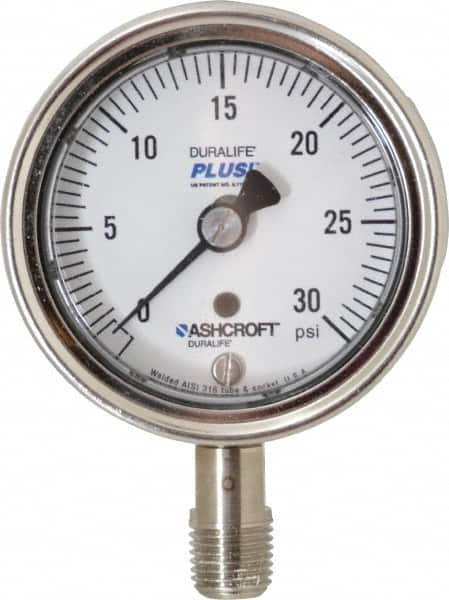 Ashcroft - 2-1/2" Dial, 1/4 Thread, 0-30 Scale Range, Pressure Gauge - Lower Connection Mount, Accurate to 1% of Scale - Benchmark Tooling