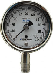 Ashcroft - 2-1/2" Dial, 1/4 Thread, 0-100 Scale Range, Pressure Gauge - Lower Connection Mount, Accurate to 1% of Scale - Benchmark Tooling