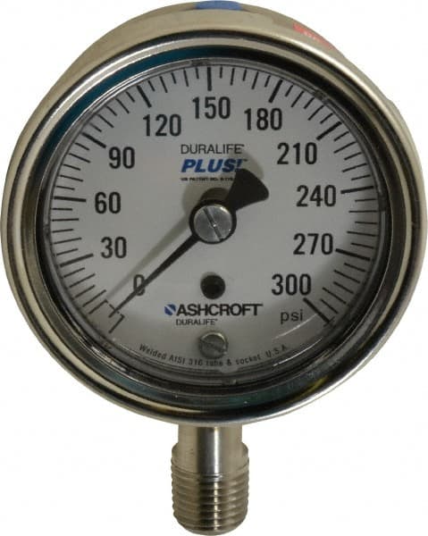 Ashcroft - 2-1/2" Dial, 1/4 Thread, 0-300 Scale Range, Pressure Gauge - Lower Connection Mount, Accurate to 1% of Scale - Benchmark Tooling