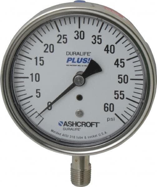 Ashcroft - 3-1/2" Dial, 1/4 Thread, 0-60 Scale Range, Pressure Gauge - Lower Connection Mount, Accurate to 1% of Scale - Benchmark Tooling