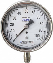 Ashcroft - 3-1/2" Dial, 1/4 Thread, 0-100 Scale Range, Pressure Gauge - Lower Connection Mount, Accurate to 1% of Scale - Benchmark Tooling