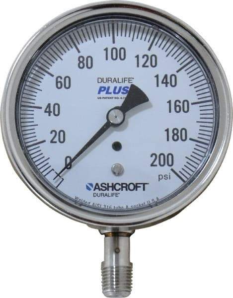 Ashcroft - 3-1/2" Dial, 1/4 Thread, 0-200 Scale Range, Pressure Gauge - Lower Connection Mount, Accurate to 1% of Scale - Benchmark Tooling