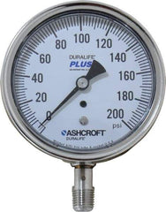 Ashcroft - 3-1/2" Dial, 1/4 Thread, 0-200 Scale Range, Pressure Gauge - Lower Connection Mount, Accurate to 1% of Scale - Benchmark Tooling