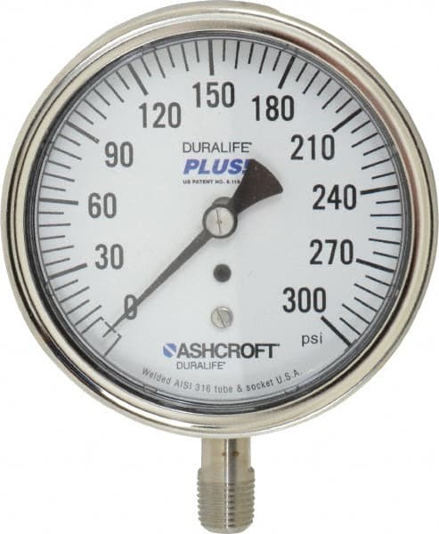 Ashcroft - 3-1/2" Dial, 1/4 Thread, 0-300 Scale Range, Pressure Gauge - Lower Connection Mount, Accurate to 1% of Scale - Benchmark Tooling