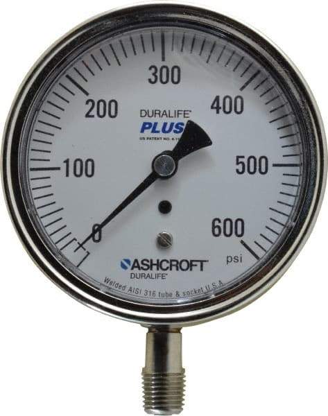 Ashcroft - 3-1/2" Dial, 1/4 Thread, 0-600 Scale Range, Pressure Gauge - Lower Connection Mount, Accurate to 1% of Scale - Benchmark Tooling