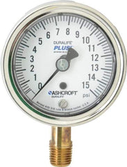 Ashcroft - 2-1/2" Dial, 1/4 Thread, 0-15 Scale Range, Pressure Gauge - Lower Connection Mount, Accurate to 1% of Scale - Benchmark Tooling